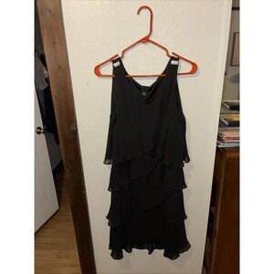 SLNY Black Cocktail Dress Silver Shoulder Clip Sleeveless, Size 12 MIDI